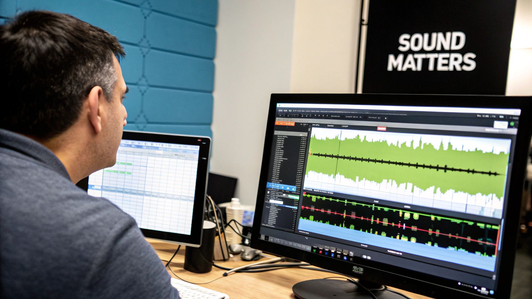 A sound designer working on a computer, mixing animated sound effects with visuals on the screen.