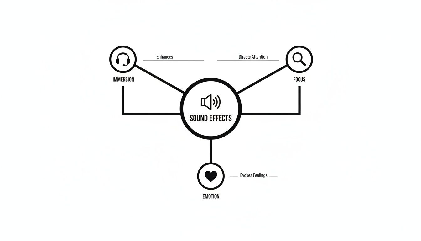A diagram explaining how sound effects enhance immersion, direct attention, and evoke emotions.