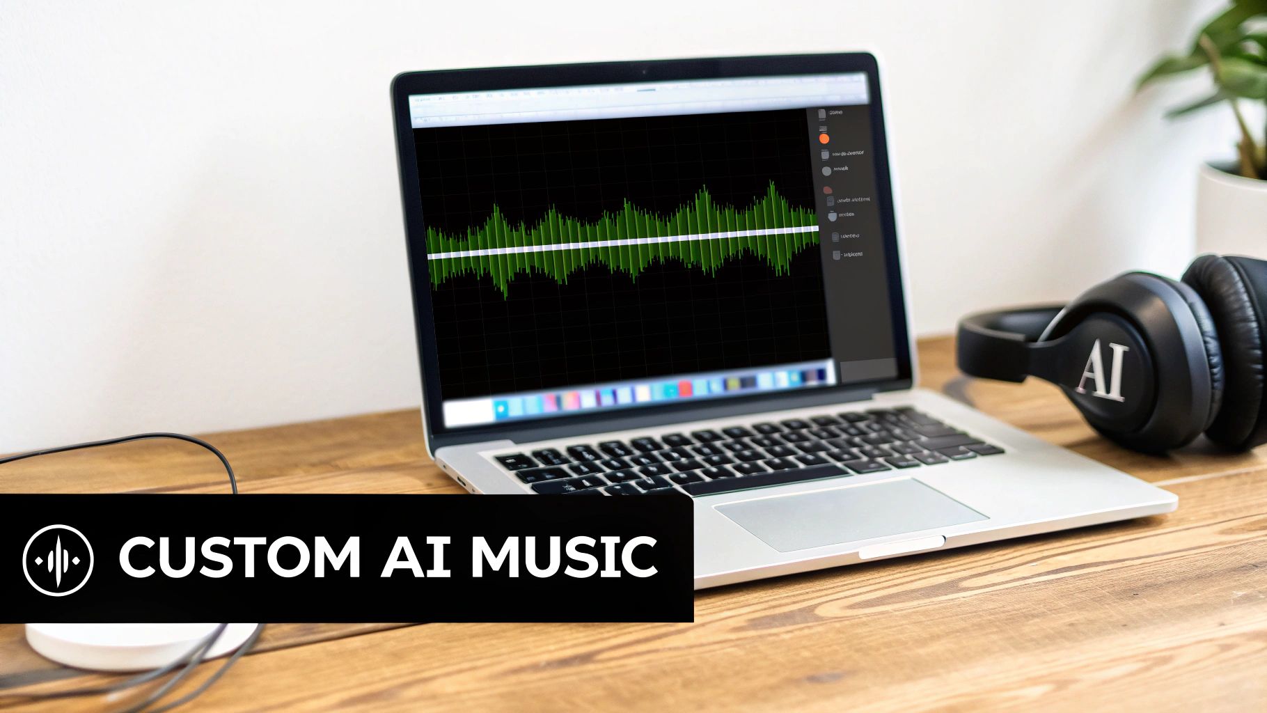 A laptop displays an audio waveform next to 'AI' headphones on a wooden desk with a 'CUSTOM AI MUSIC' banner.