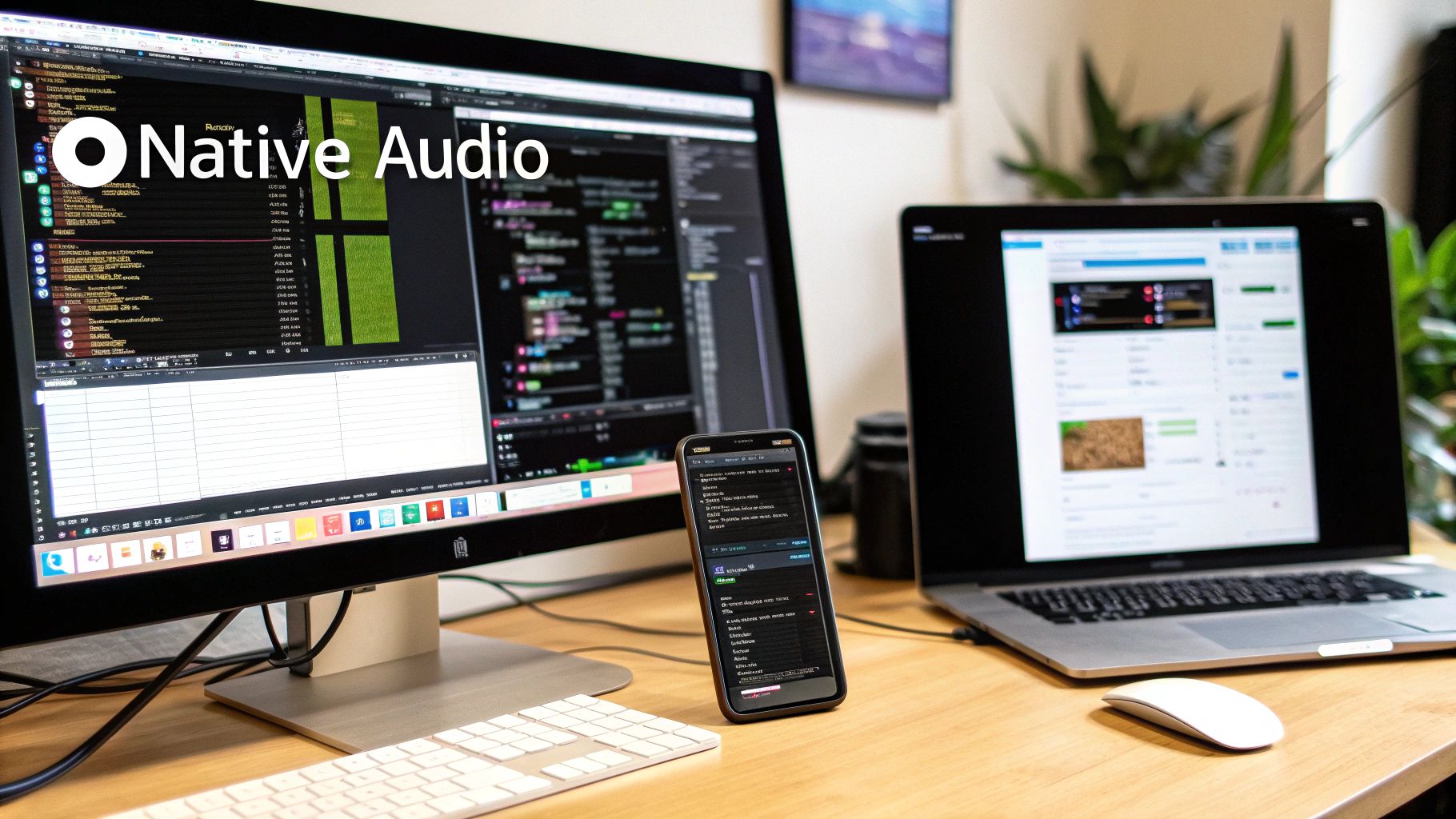 A professional tech workspace featuring a desktop monitor, laptop, and smartphone on a wooden desk.