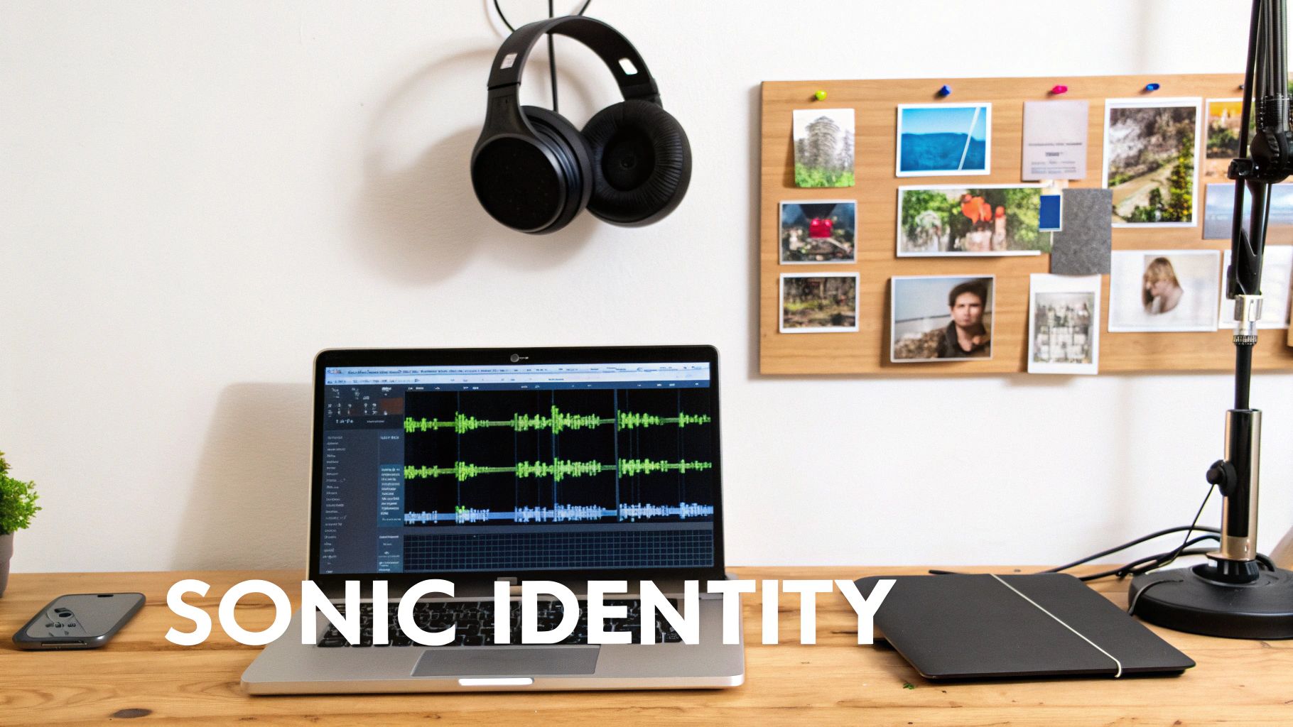 A creative workspace featuring a laptop with audio waveforms, headphones, a microphone, and a cork board with photos.