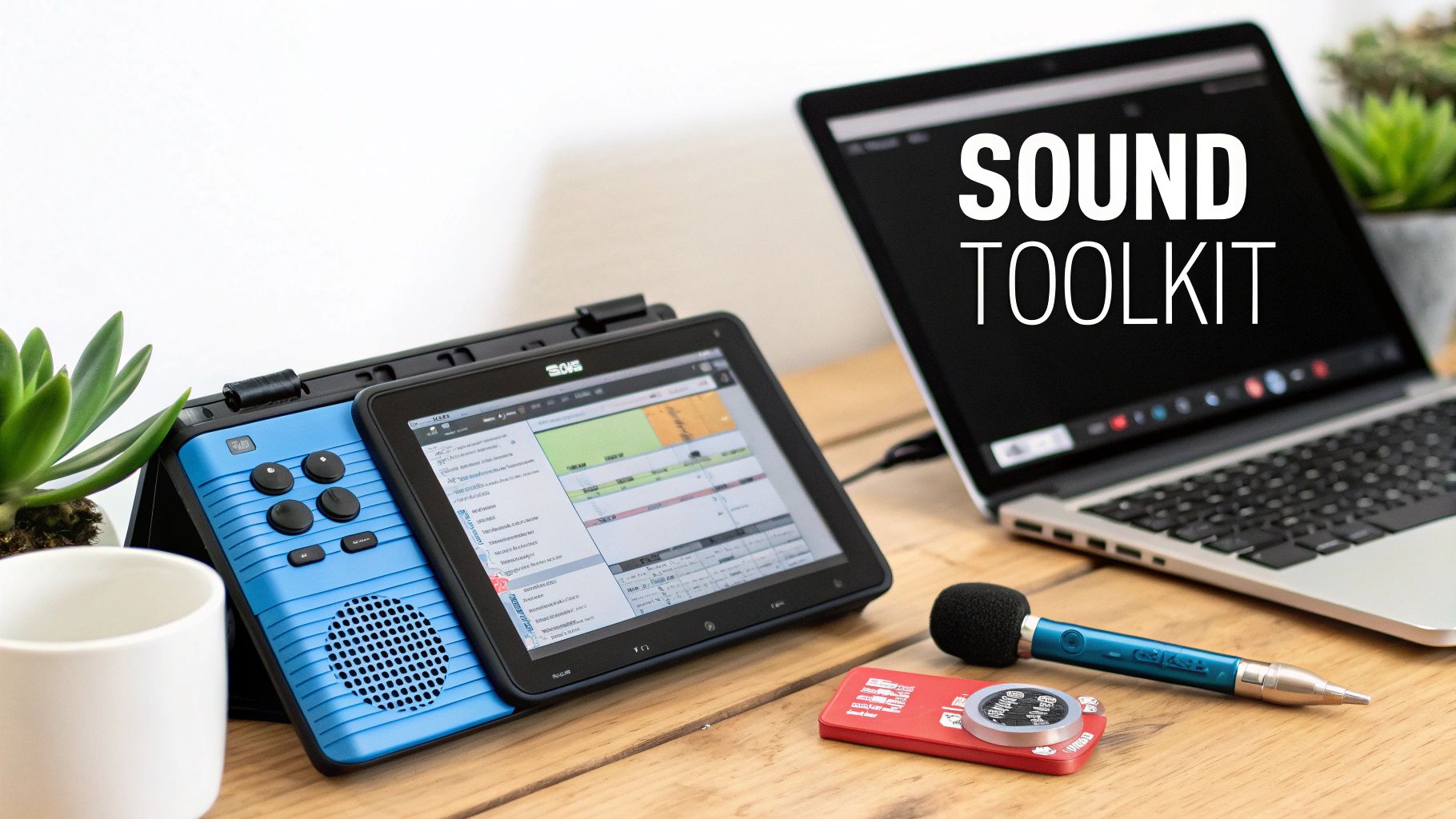 A sound toolkit setup on a wooden desk with a laptop, tablet, microphone, and audio devices.