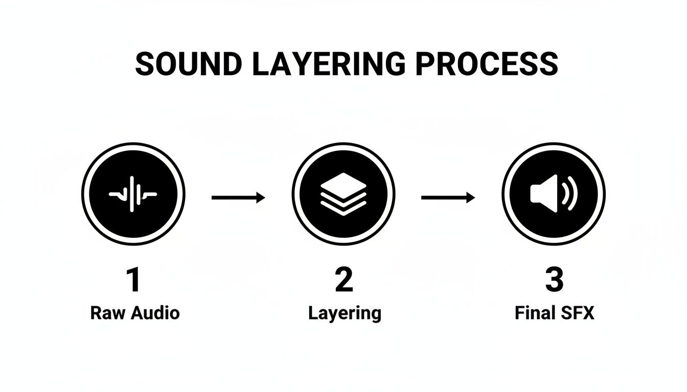 A diagram illustrating the sound layering process: raw audio input, layering, and final sound effects output.