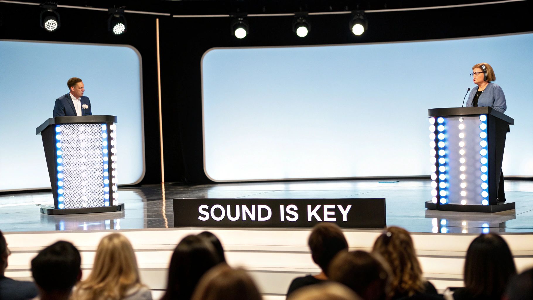 A vibrant game show studio with bright lights and a large screen in the background, conveying energy and excitement.