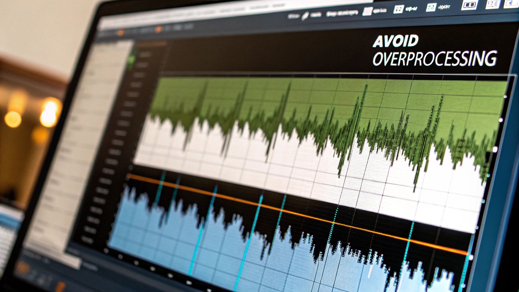 A frustrated person sitting at a desk with headphones on, looking at an audio waveform on a computer screen