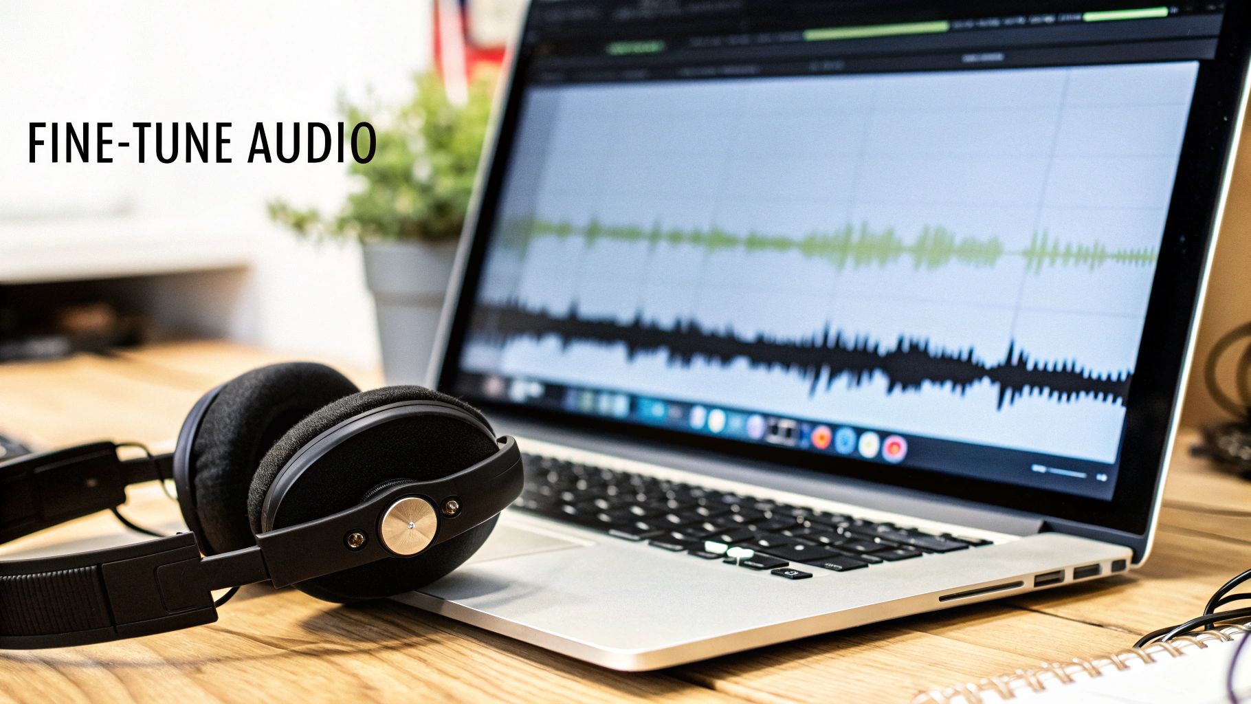 A person fine-tuning audio on a computer screen, with soundwave visualizations.