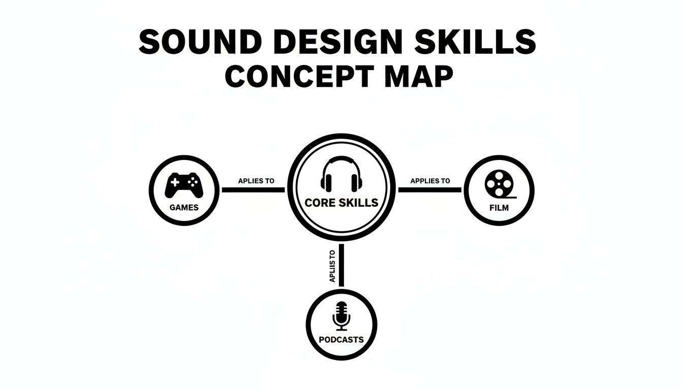 A concept map illustrating core sound design skills applicable to games, film, and podcasts.