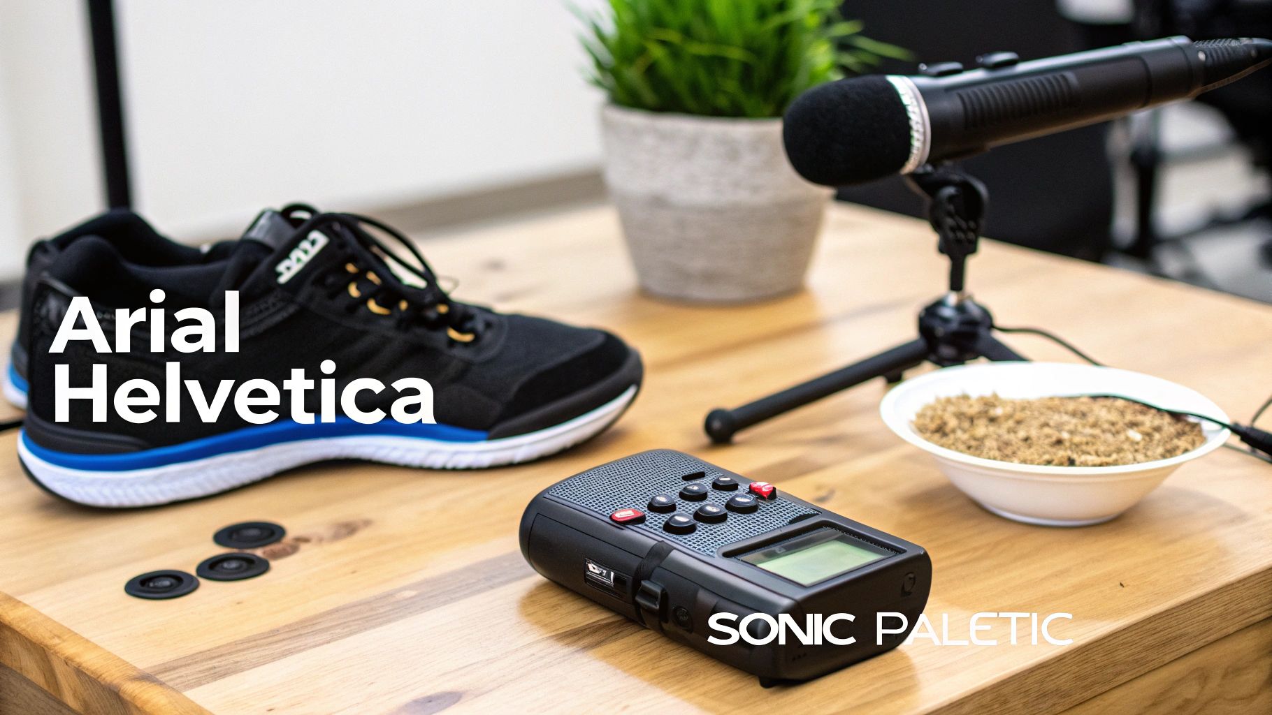 A black sneaker, microphone, and digital recorder on a wooden table with text overlays.