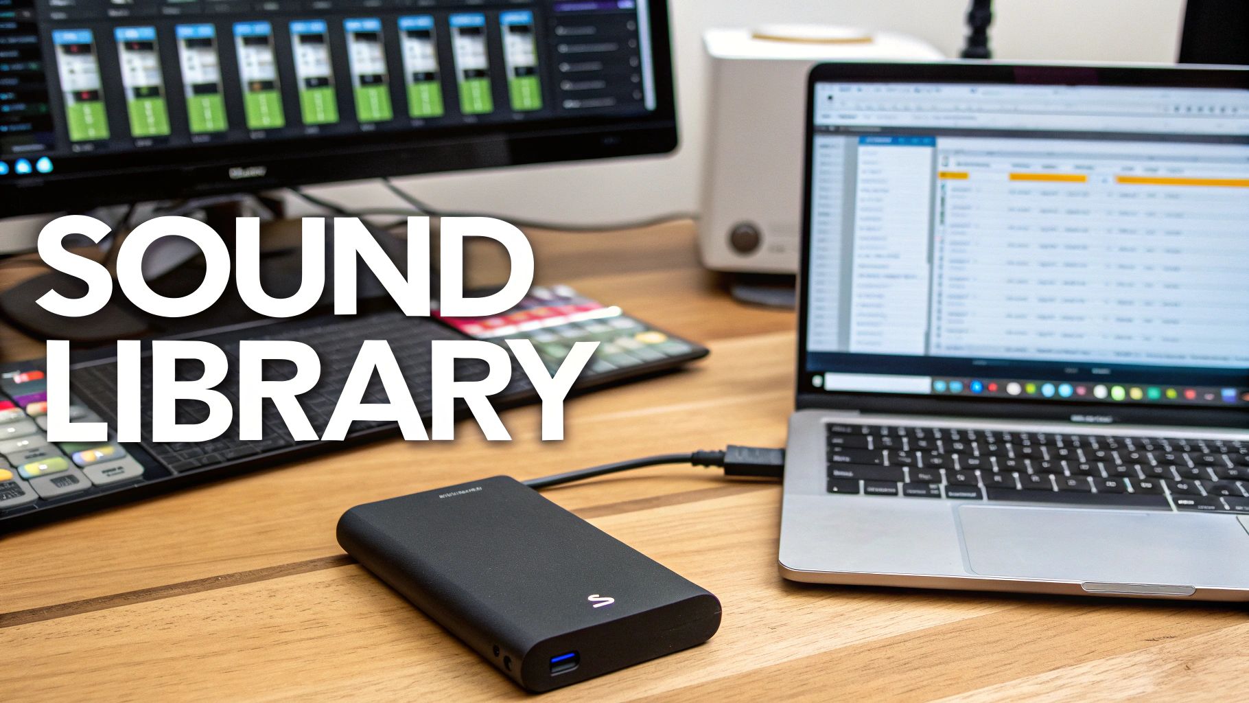 A professional sound studio setup with a monitor displaying a 'SOUND LIBRARY', a laptop, and an external hard drive.