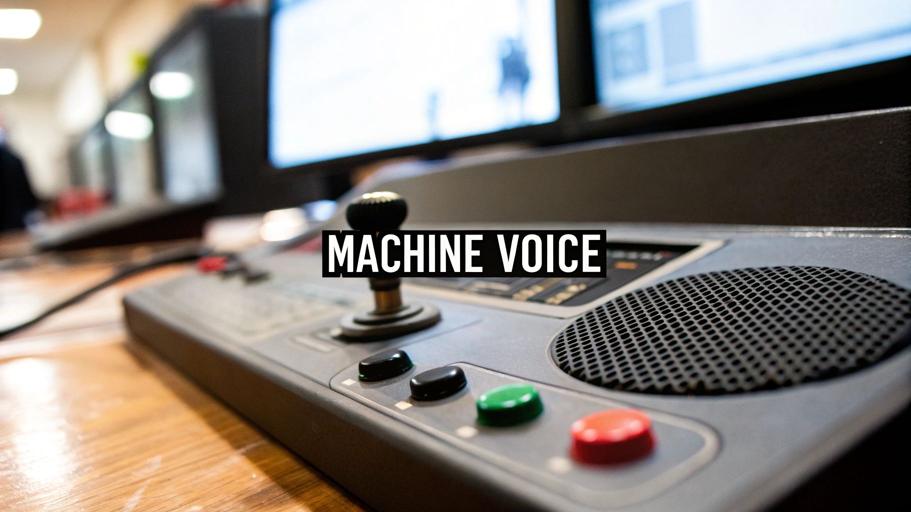 A close-up of a vintage control panel with a joystick, buttons, and speaker grille.