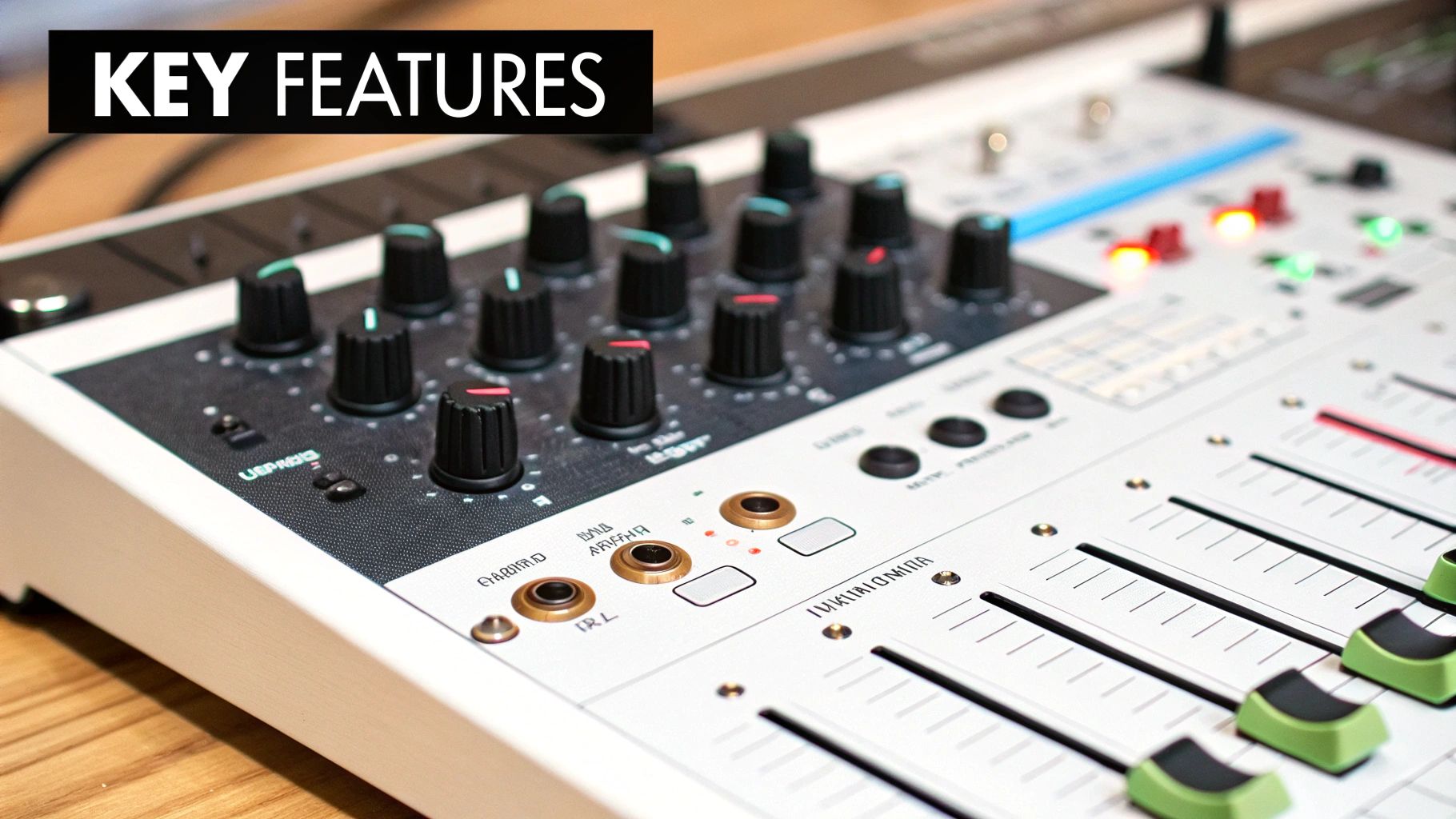 A sound designer's studio setup, featuring audio mixing equipment and monitors.