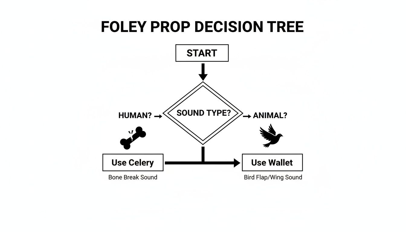 A foley prop decision tree demonstrating how to create sound effects for human bone breaks and animal bird flaps.