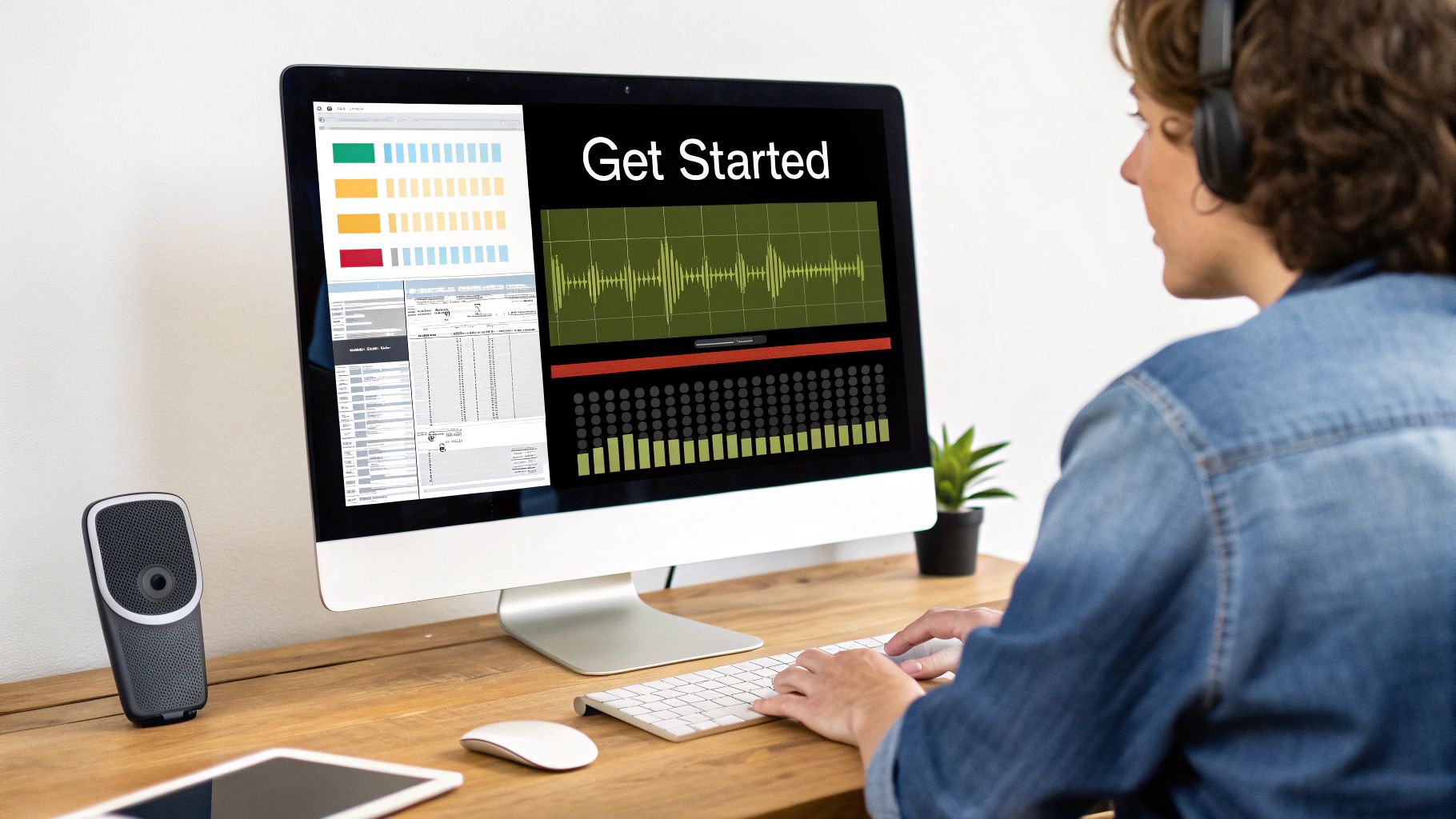 A stylized image showing a person working on audio production with headphones and a computer, representing AI sound generation.