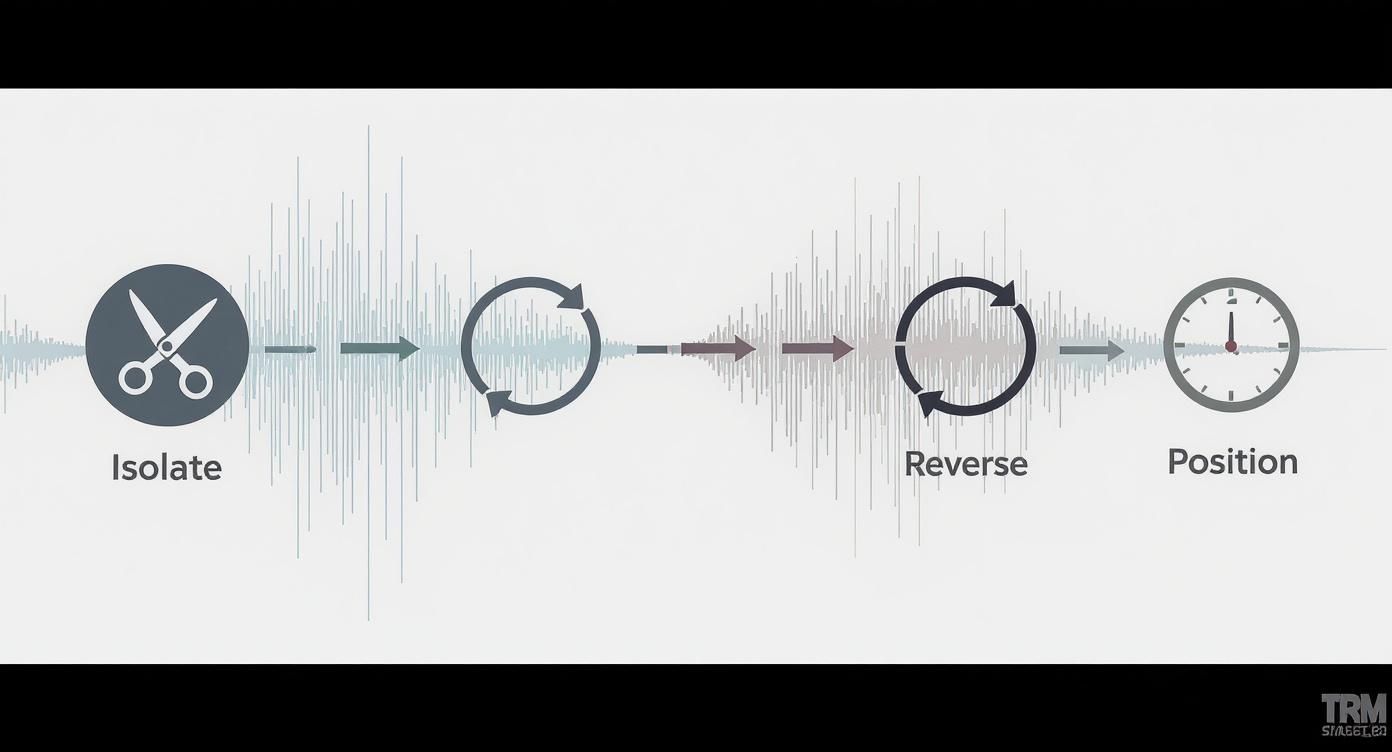 An infographic showing the process of isolating, reversing, and positioning an audio clip for a reverse effect.