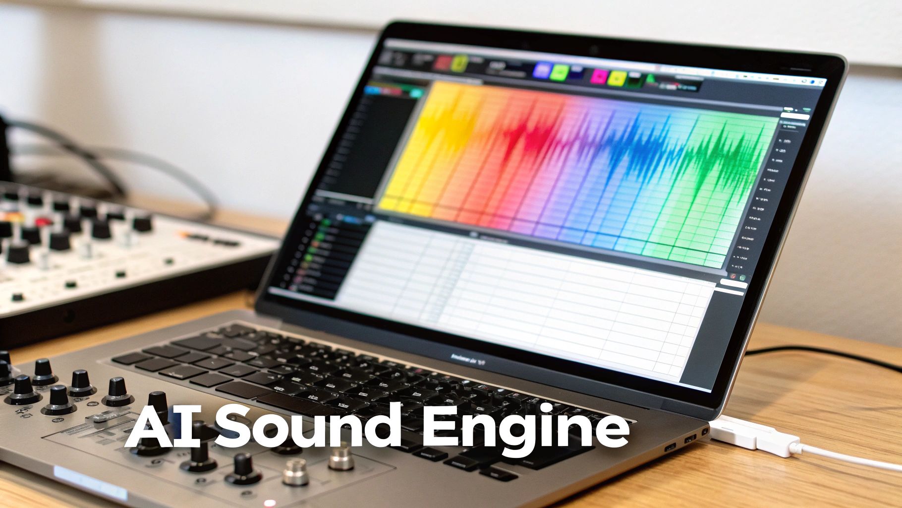 Laptop displaying colorful audio waveforms in digital audio workstation with MIDI controller for AI sound generation