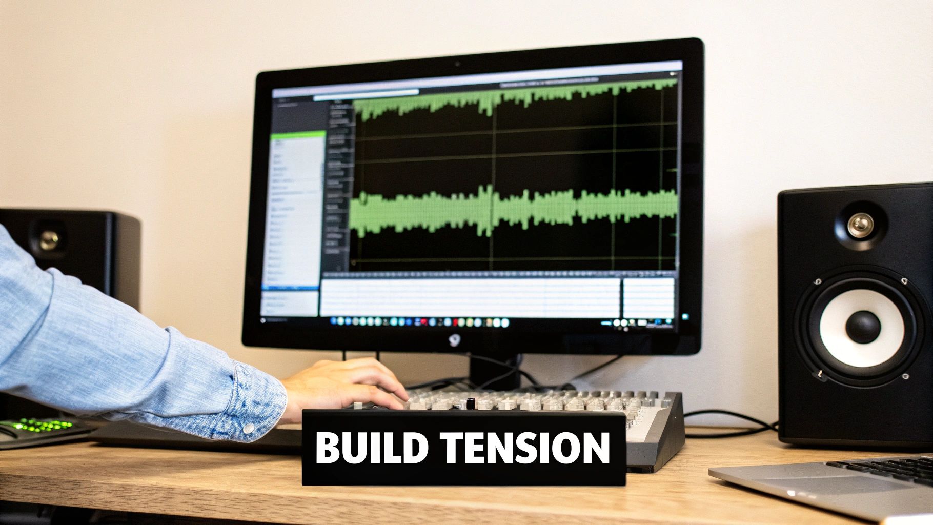 Audio producer creating riser sound effects in digital audio workstation with studio monitors