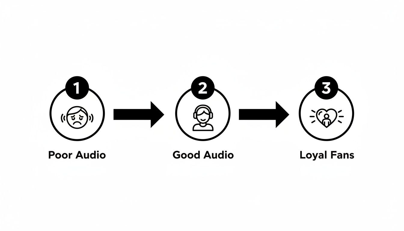 A three-step diagram illustrating how improving audio quality transforms listeners into loyal podcast fans.
