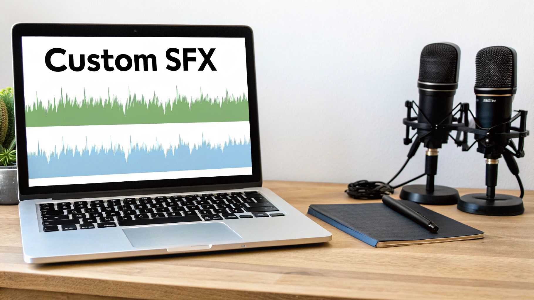 Laptop showing custom sound effects waveforms, with two microphones and a notebook on a wooden desk.
