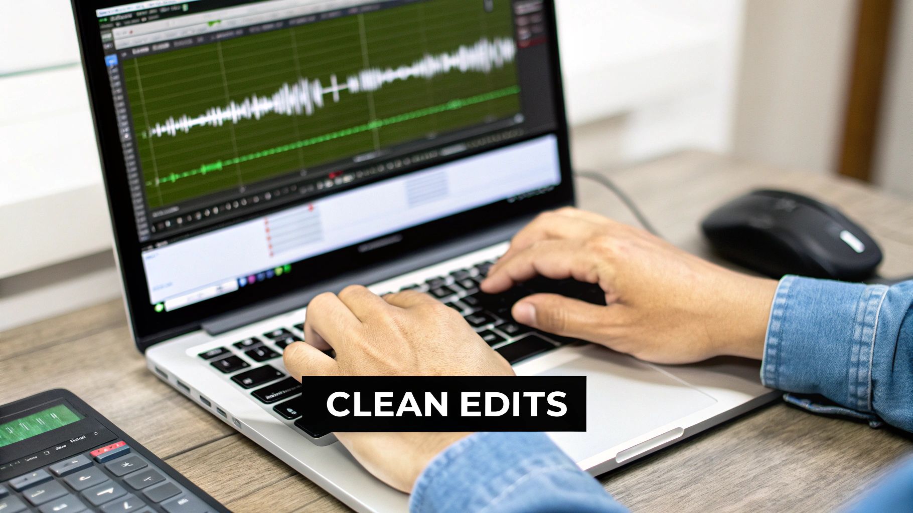 A close-up of a digital audio workstation showing a detailed waveform of a WAV file being edited.