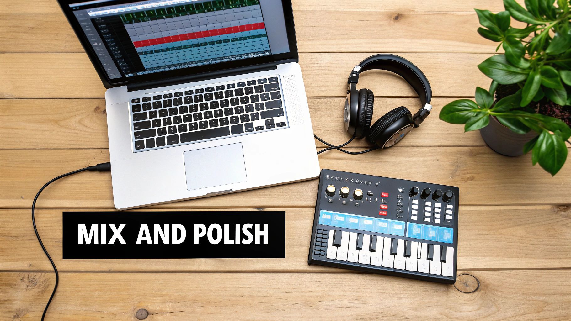 A flat lay of a music production setup with a laptop, MIDI keyboard, headphones, and plant on a wooden desk.