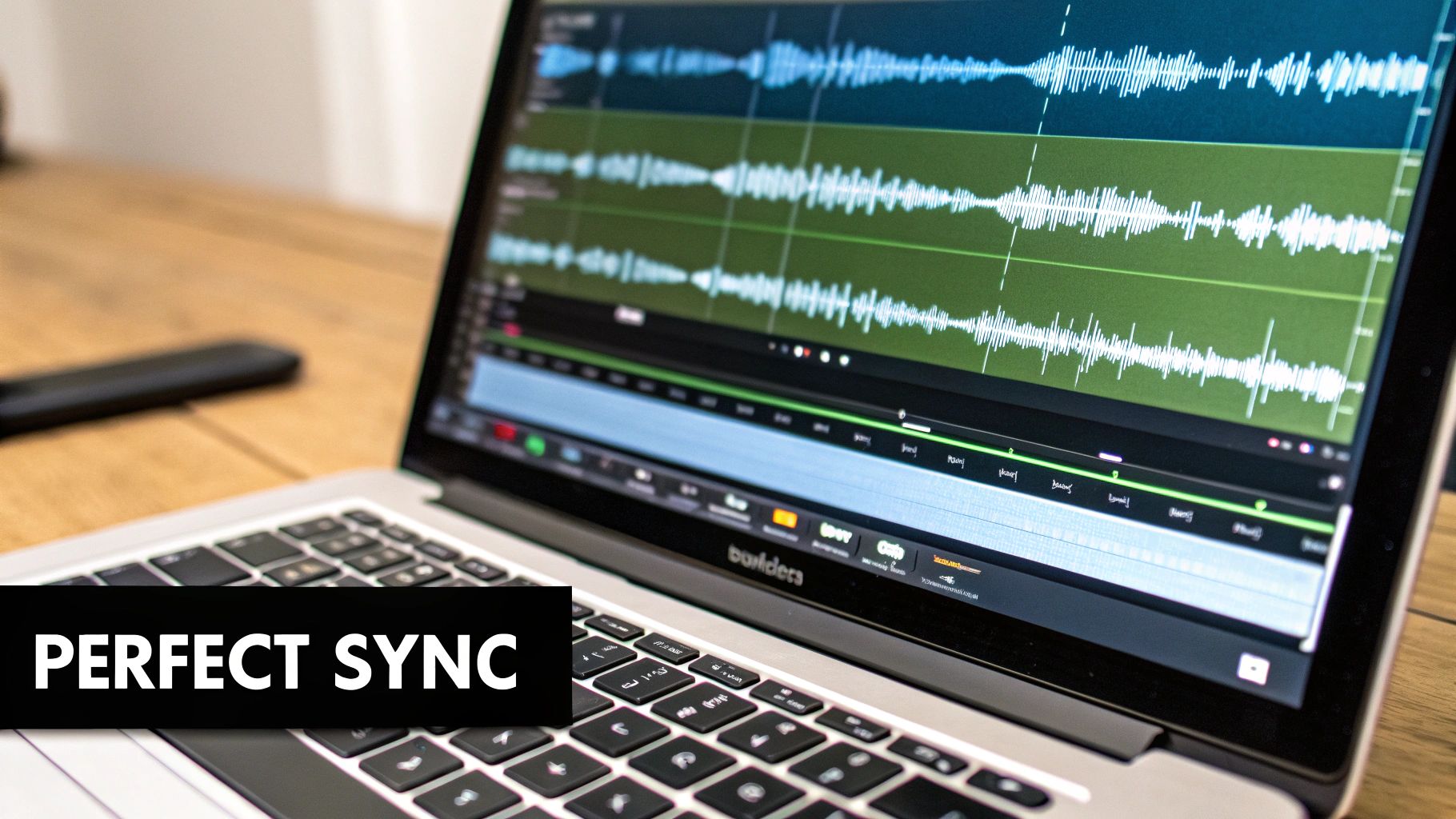 A laptop screen displaying audio waveforms in a music editing software with 'PERFECT SYNC' text.