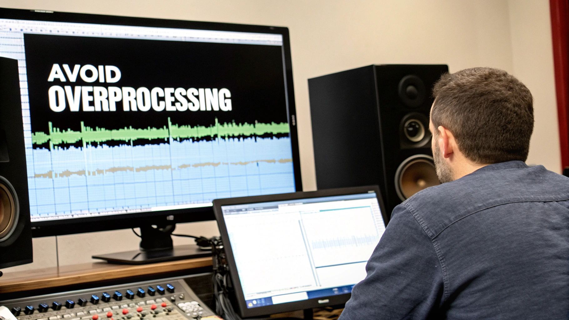 A person wearing headphones, looking focused while adjusting audio mixing equipment.