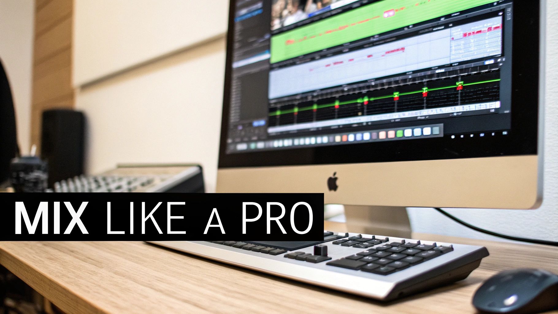 Close-up of a desktop computer with audio editing software, keyboard, mouse, and 'MIX LIKE A PRO' text overlay.