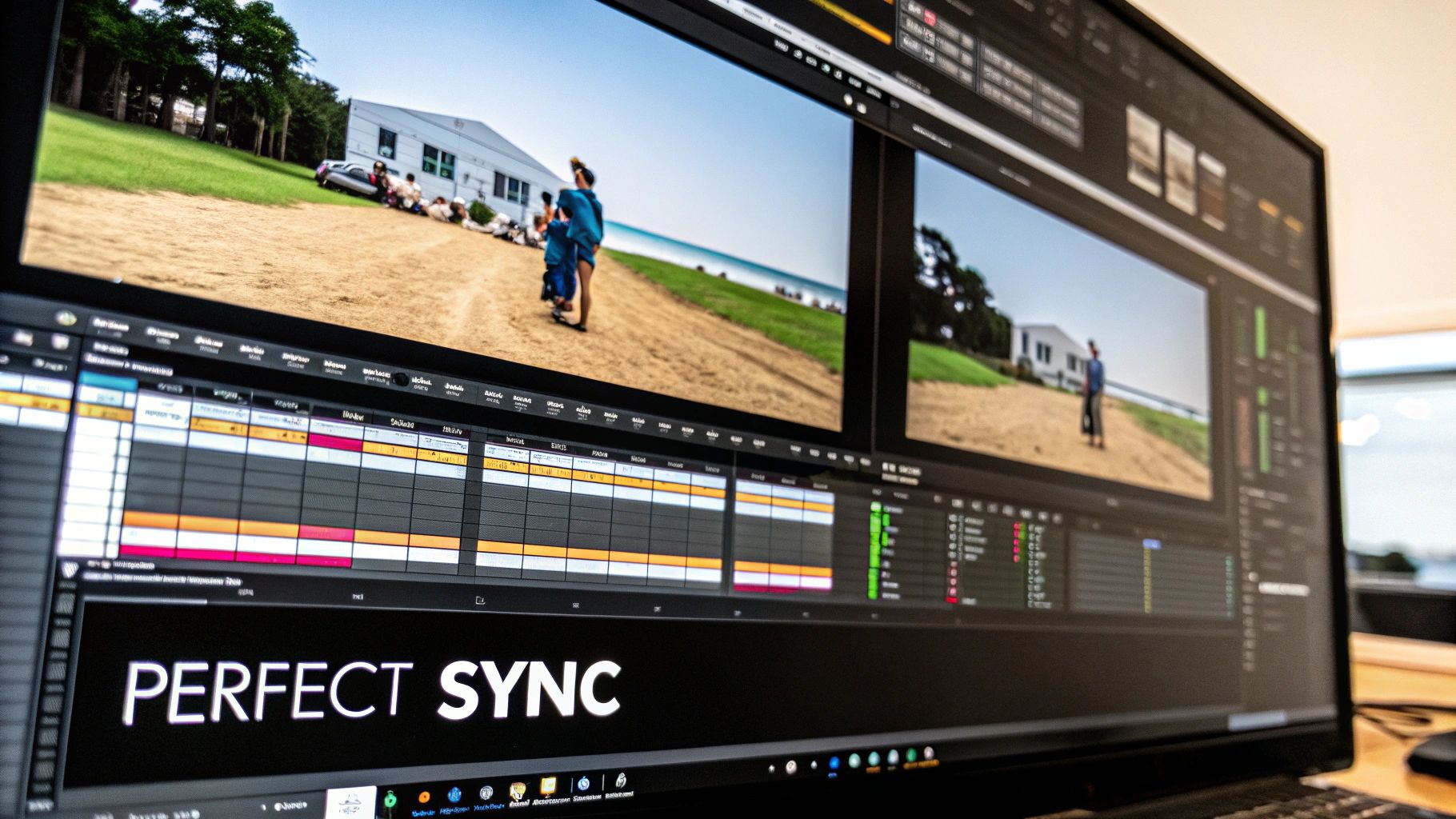 An audio editing timeline showing multiple sound effect tracks synced to an animation on a video track.