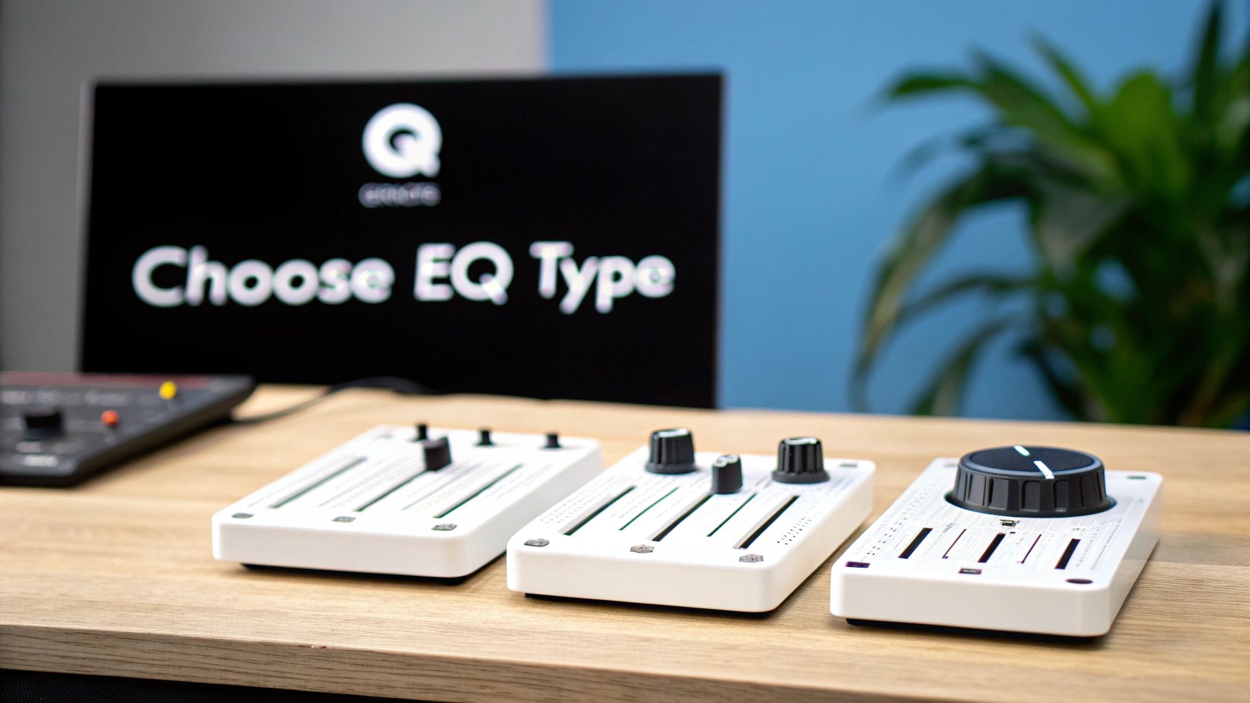 Three white modular audio controllers with faders and knobs, set on a wooden desk with an 'Choose EQ Type' screen.