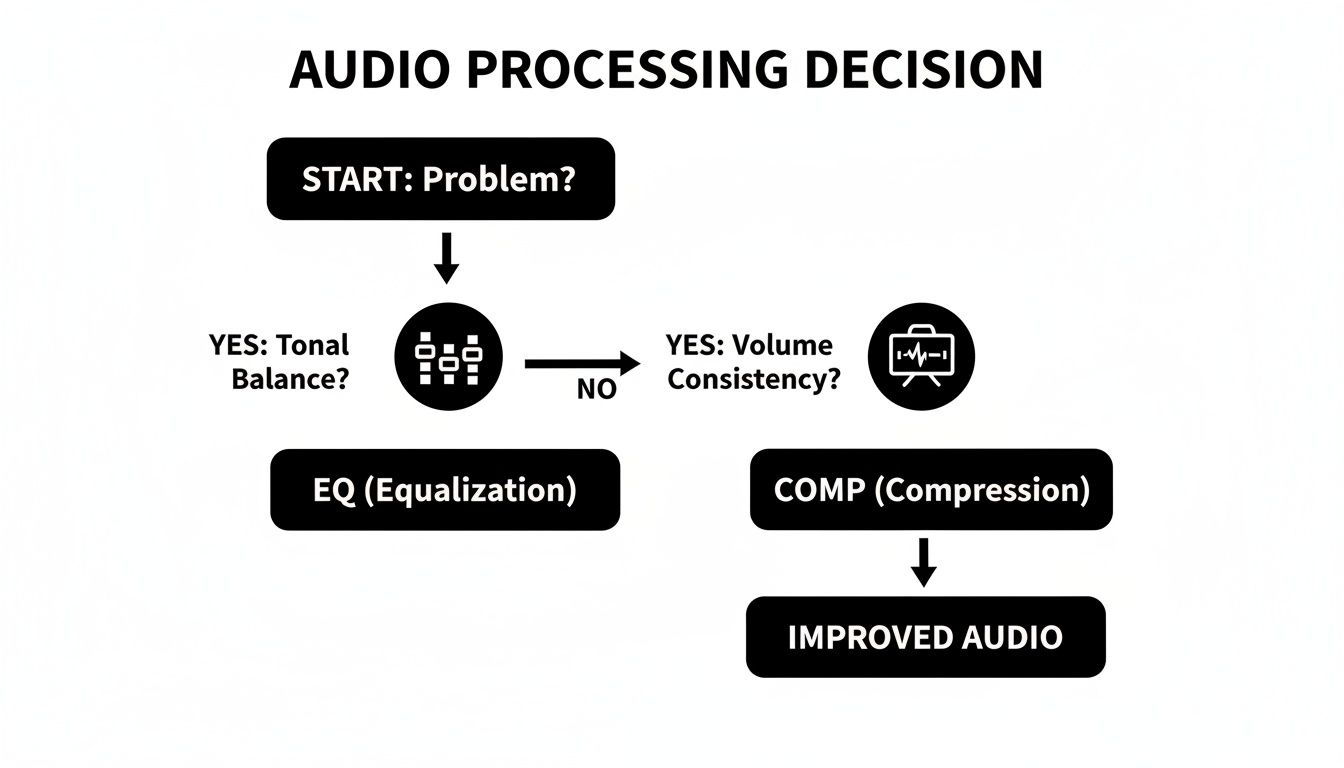 Flowchart showing audio processing decisions: EQ for tonal balance, compression for volume consistency, leading to improved audio.