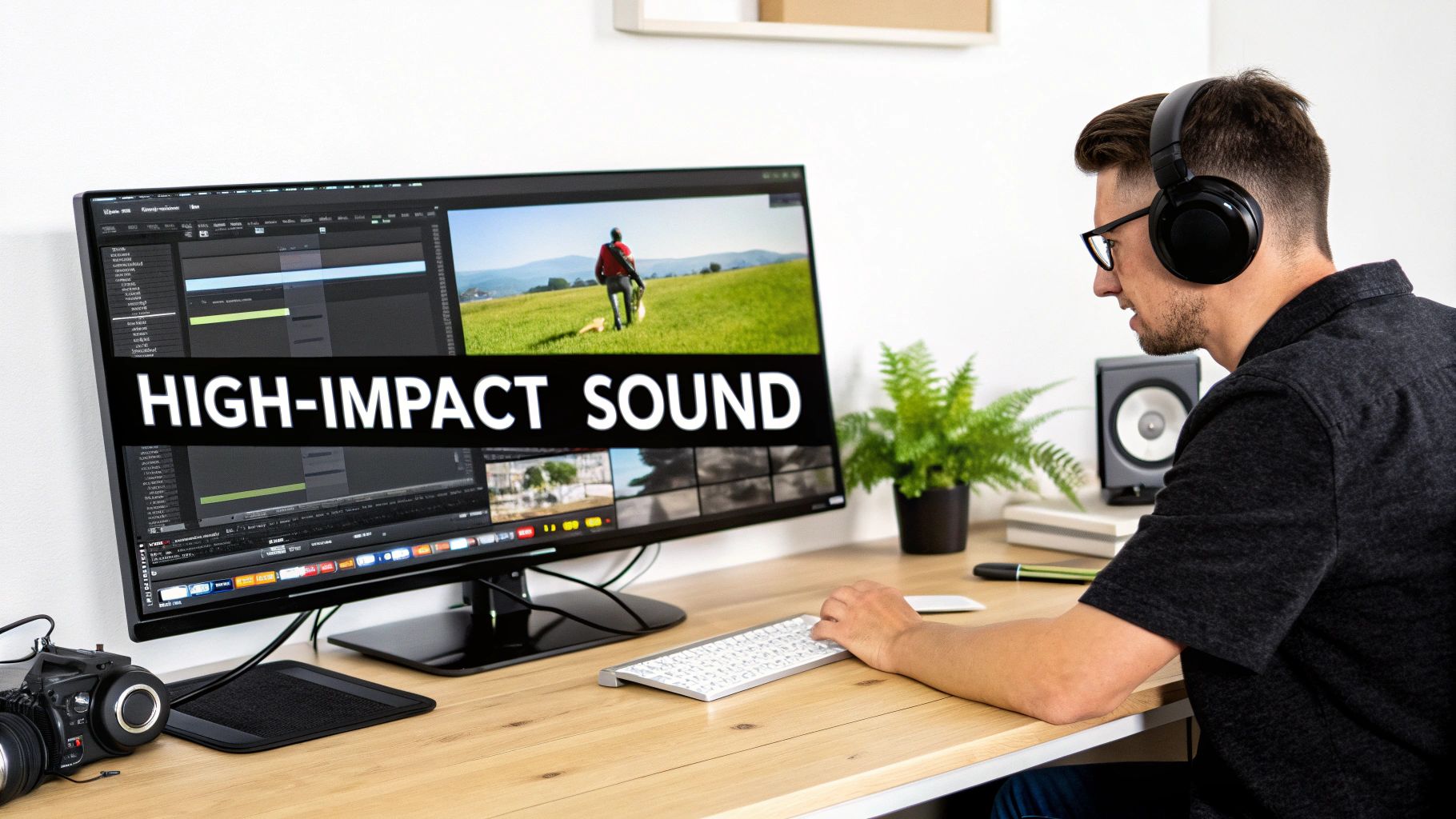 A person wearing headphones editing video on a large monitor showing 'HIGH-IMPACT SOUND' text.