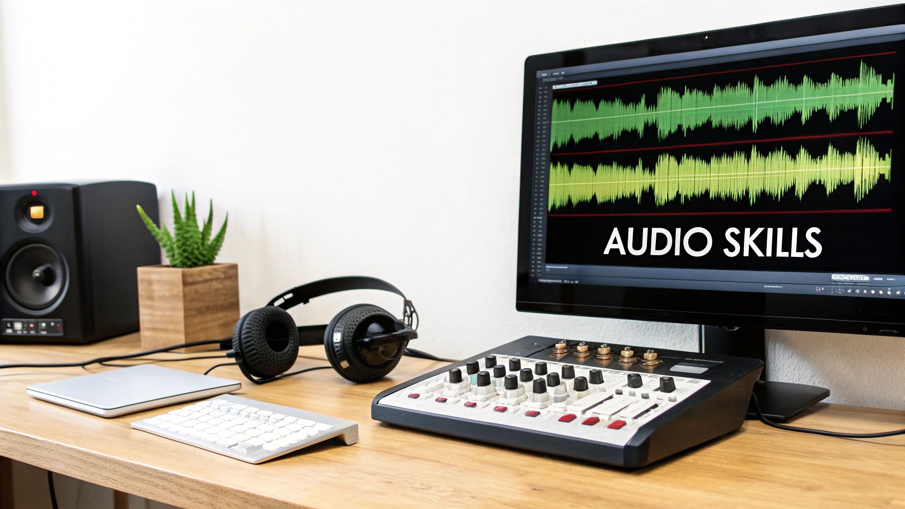 A professional audio production setup with a monitor displaying 'AUDIO SKILLS', a mixing console, headphones, and a studio monitor.