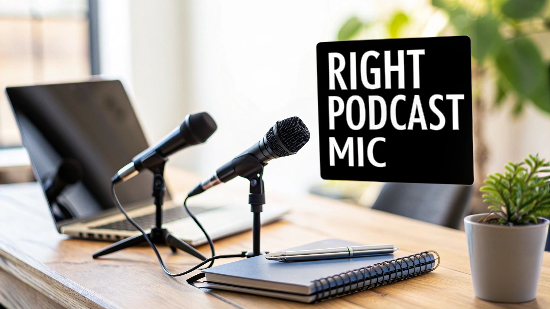 Podcaster speaking into a professional microphone in a home studio setup.