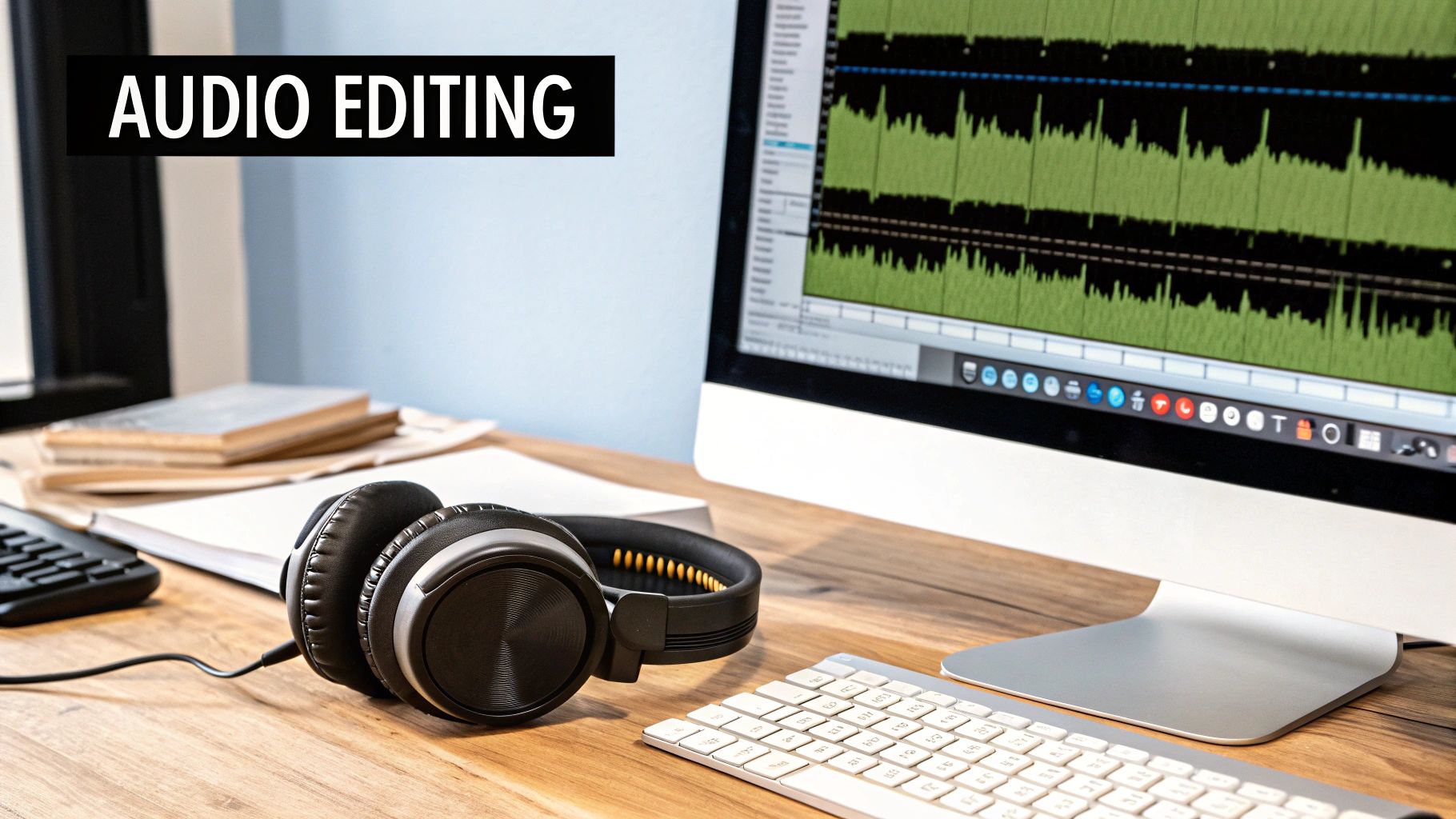 A digital audio workstation interface on a computer screen, showing multiple audio tracks with colorful waveforms and various editing tools.