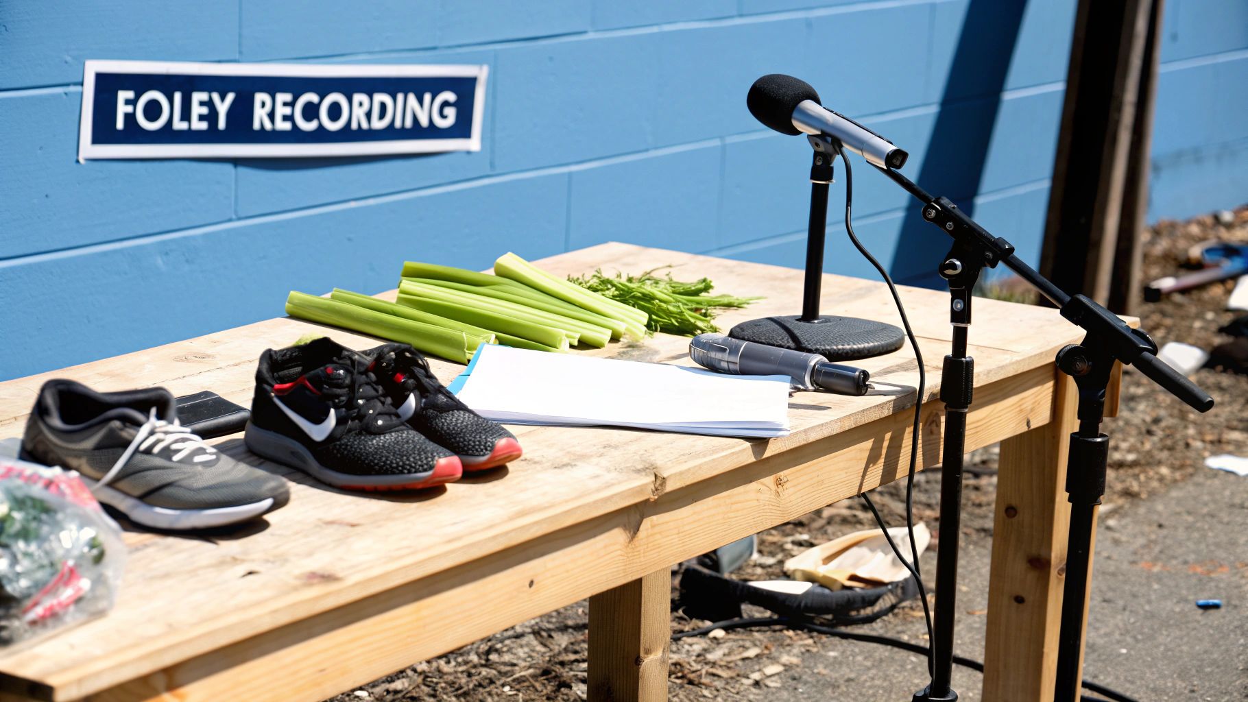 A person recording sound effects outdoors with a professional microphone and headphones.