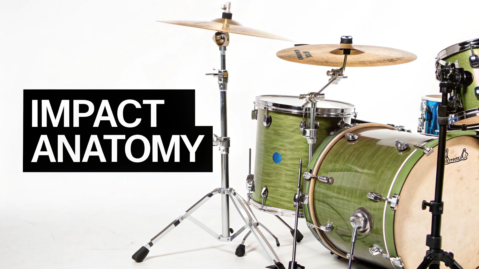 A close-up of a drummer playing an acoustic drum kit in a studio setting, with cymbals and toms visible.
