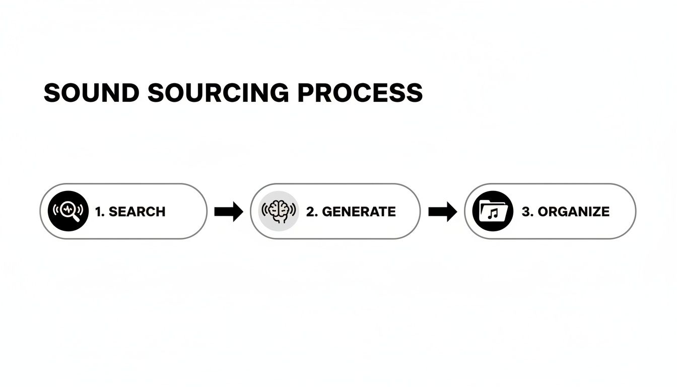 A diagram illustrating the sound sourcing process with three sequential steps: search, generate, and organize.
