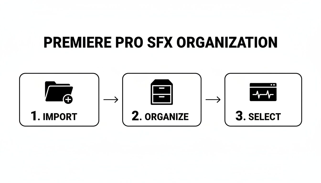 A three-step guide for Premiere Pro SFX organization: import, organize, and select.