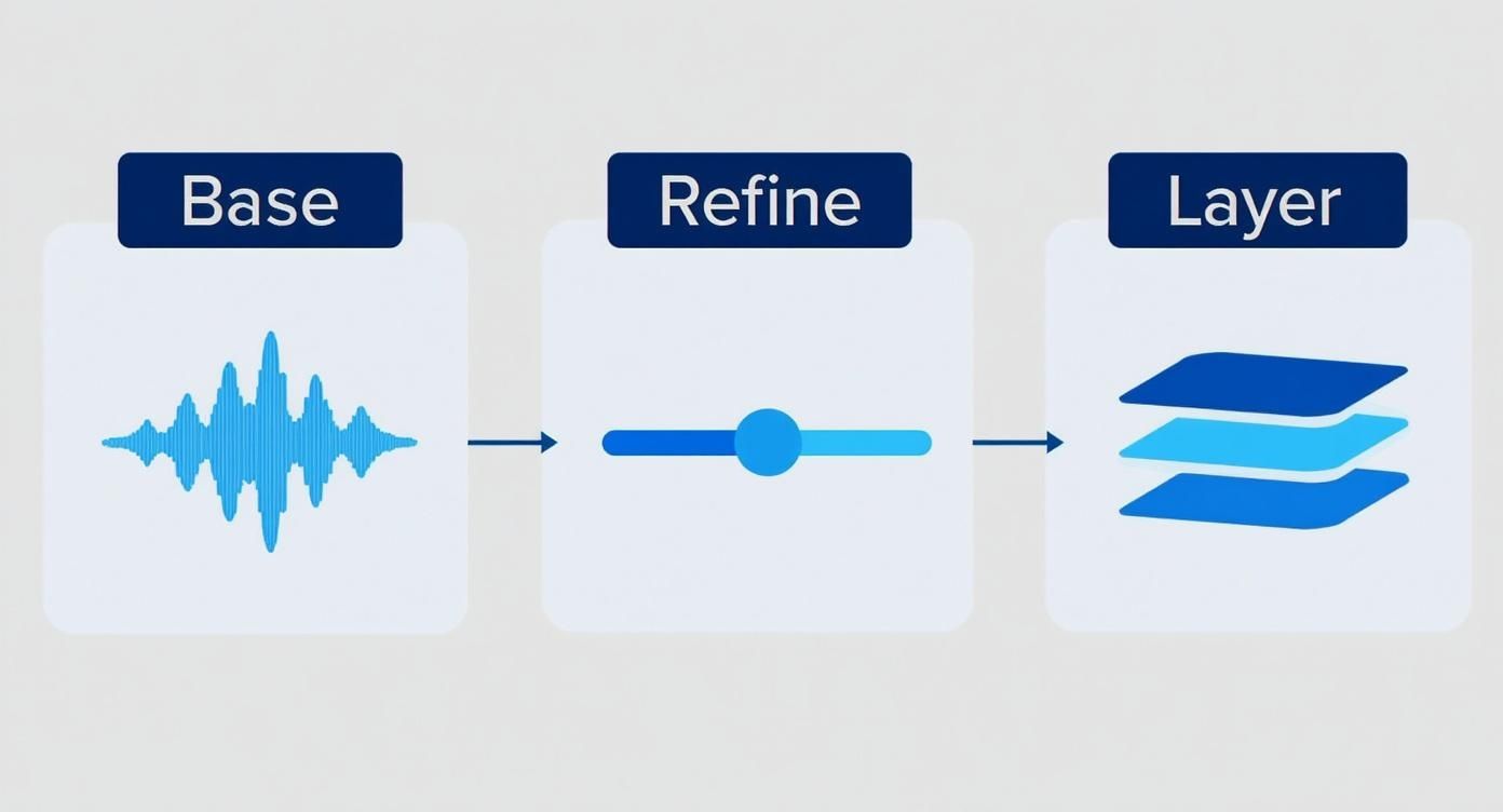 Diagram showing a three-step process: Base with a sound wave, Refine with a slider, and Layer with stacked elements.