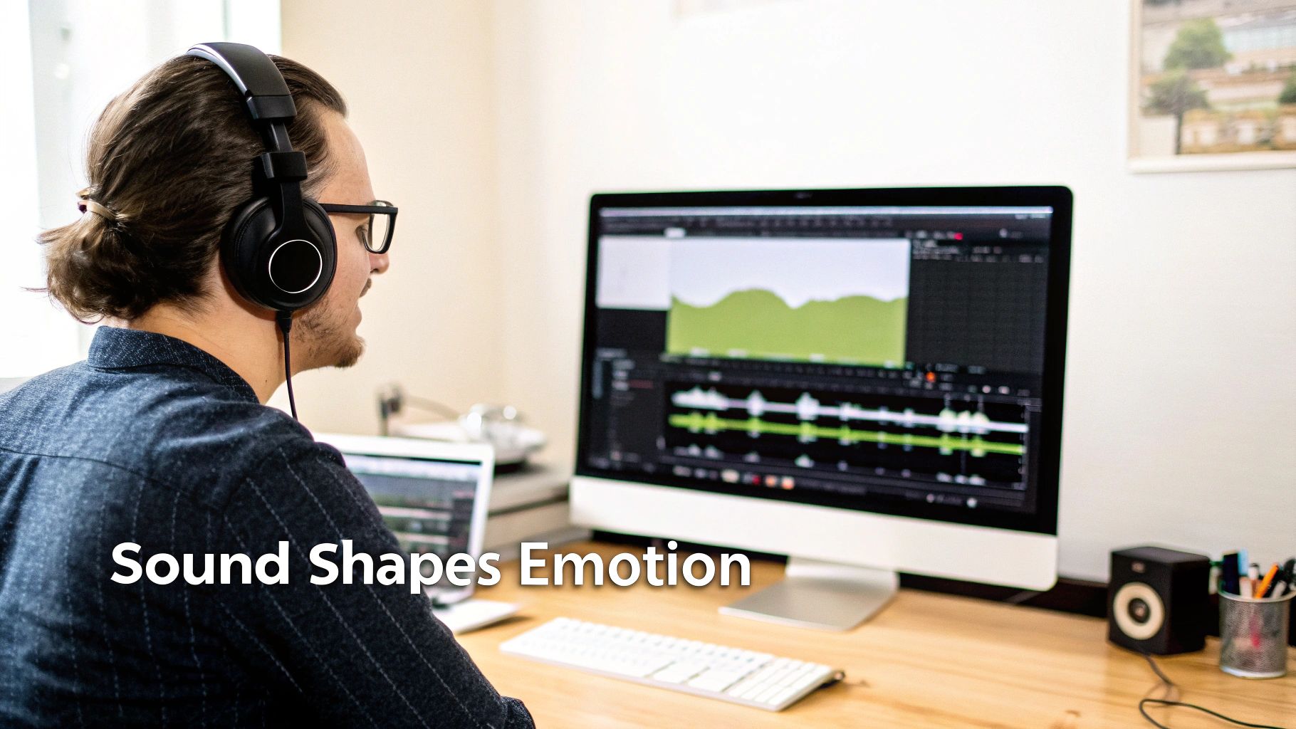 A video editor working on a computer, focused on the audio waveforms of a project.