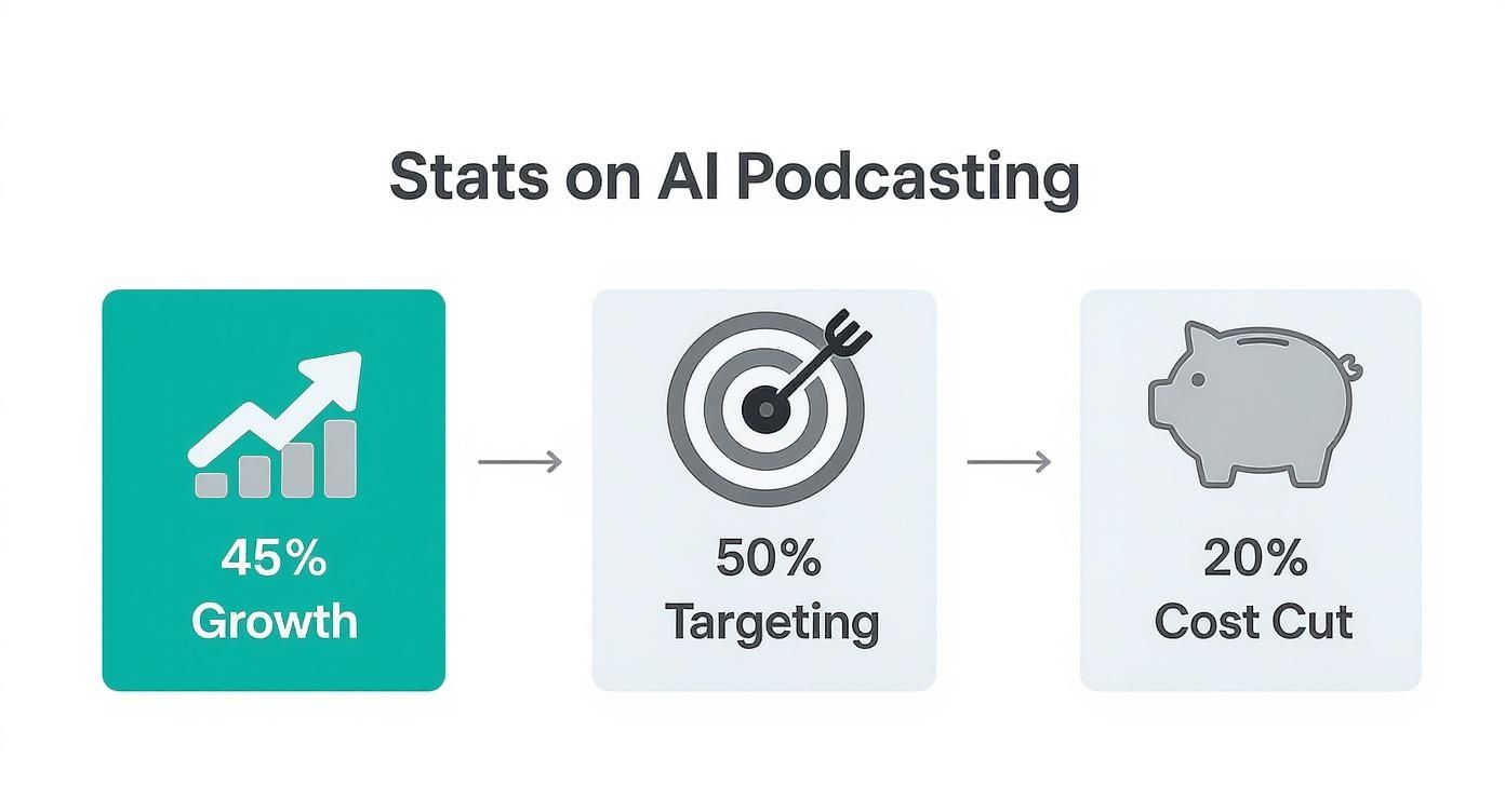 Infographic showing stats on AI podcasting: 45% growth, 50% targeting, and 20% cost cut.