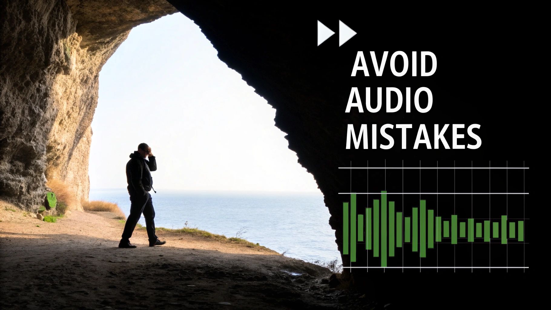 Photographer in cave overlooking ocean with audio waveform visualization showing sound recording mistakes