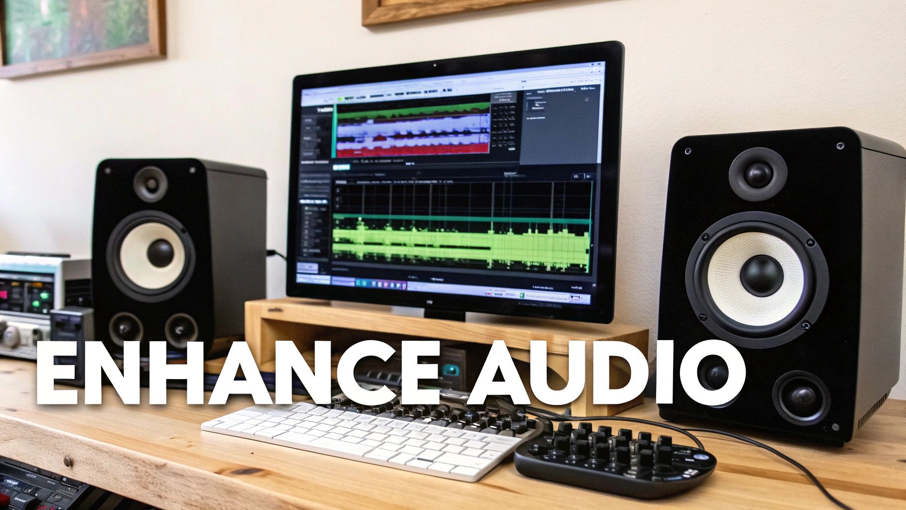 Professional audio editing workstation with studio monitors, computer display showing waveforms, and control surface.