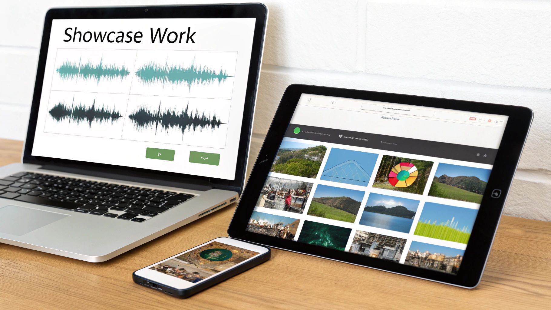 Laptop displaying sound design waveforms, a tablet with an image gallery, and a smartphone on a wooden desk.