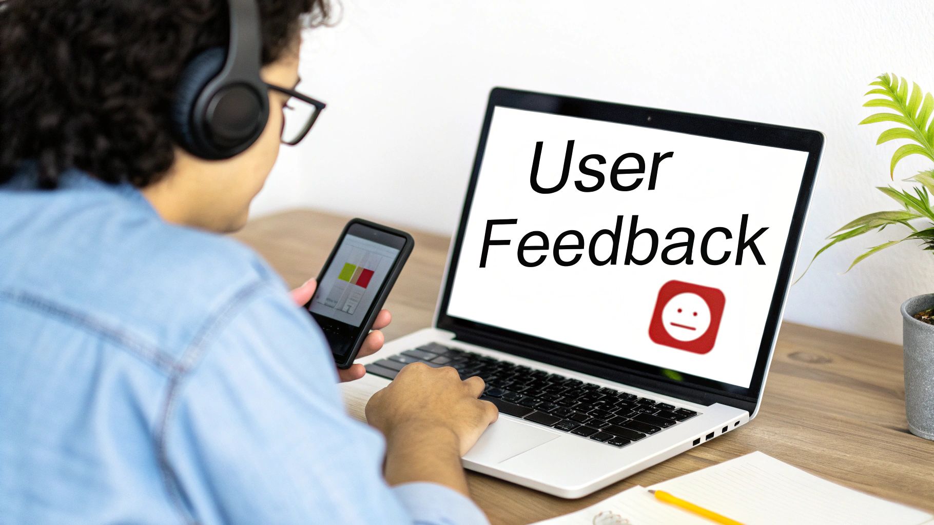 Person with headphones and glasses giving user feedback on laptop and smartphone.