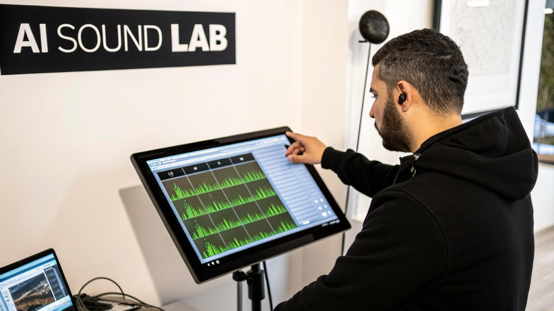 A man interacts with a touch screen displaying audio waveforms in an AI Sound Lab.