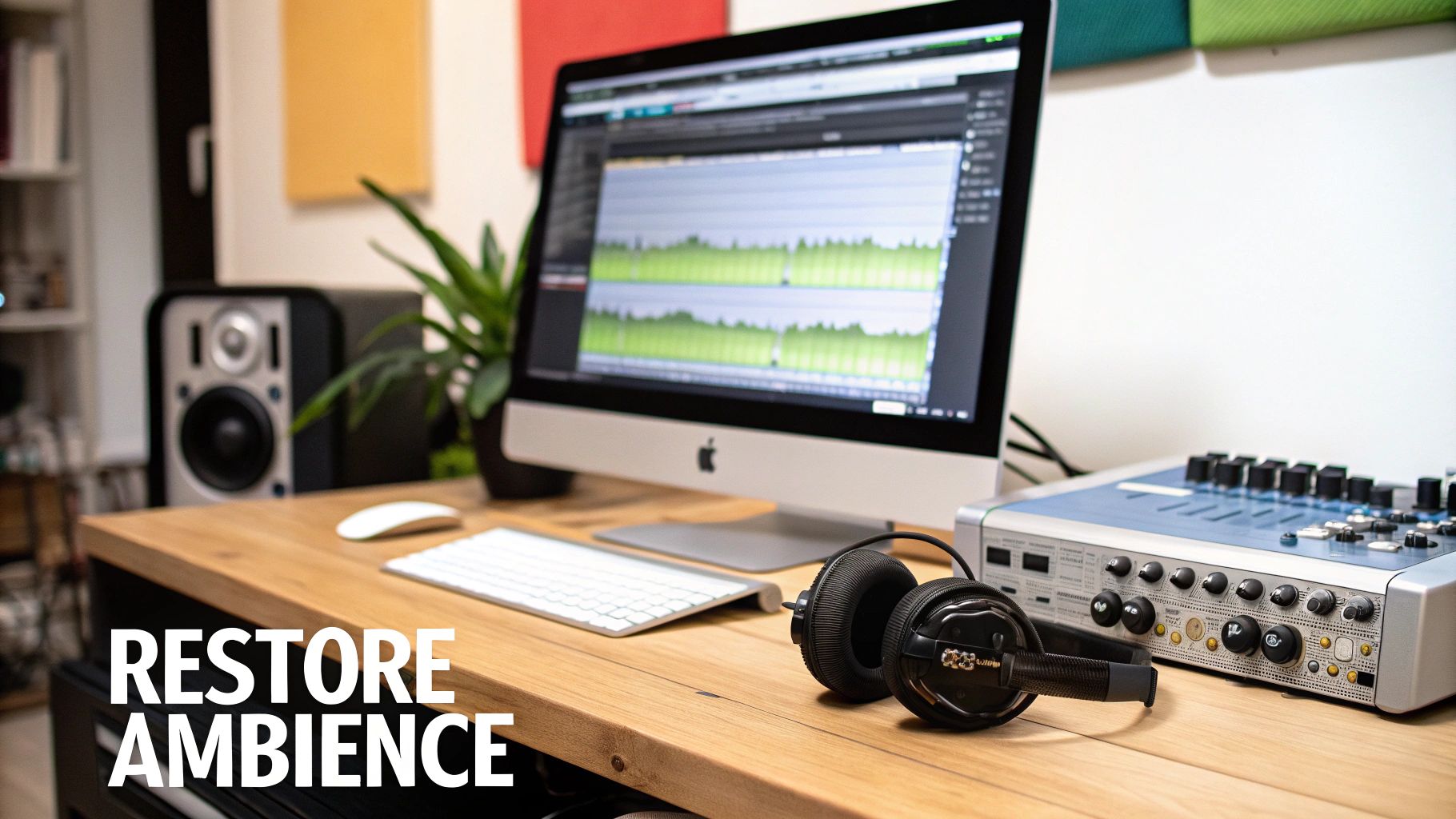 A modern home recording studio setup with an iMac displaying audio software and professional headphones on a wooden desk.