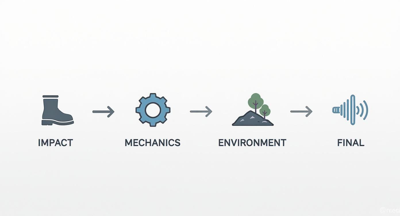 Infographic showing the process of layering sound effects, starting with Impact, Mechanics, and Environment icons, which then flow together into a final sound wave icon.