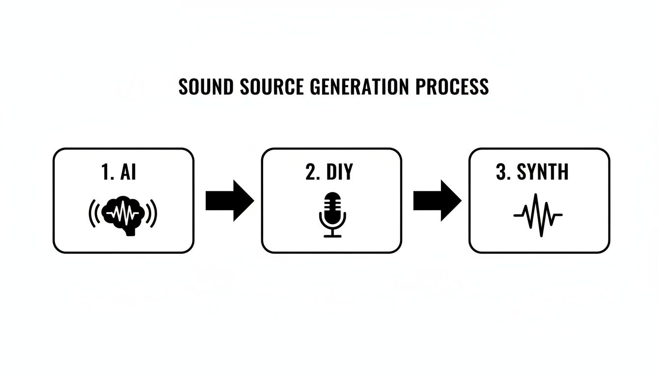 Flowchart illustrating the sound source generation process using AI, DIY methods, and synthesizers.
