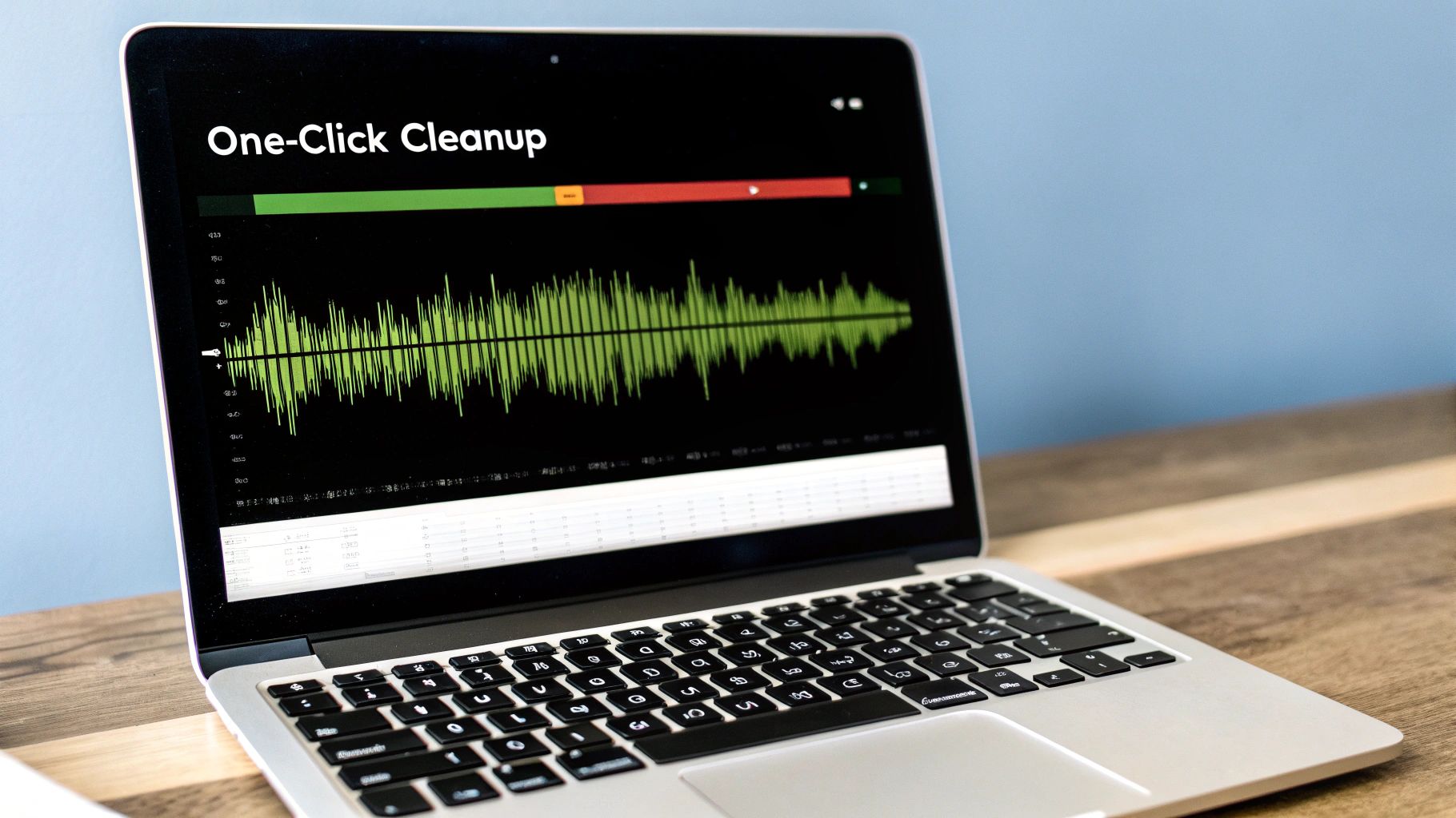 A person using a laptop with audio waveform visualizations on the screen, representing editing with AI tools